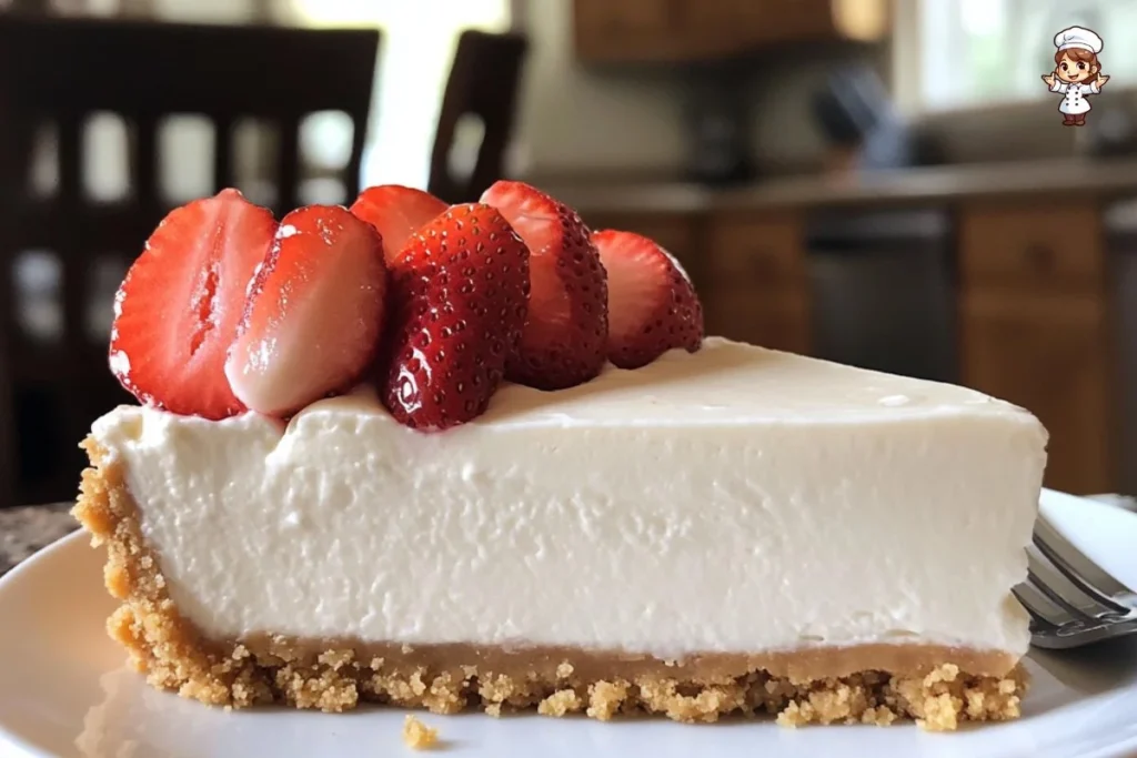 Slice of the best no bake cheesecake topped with fresh berries