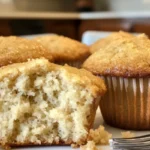 Freshly baked vanilla muffins displayed on a rustic wooden table.