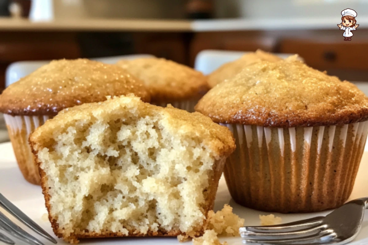 Freshly baked vanilla muffins displayed on a rustic wooden table.