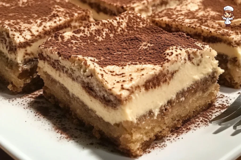 Delicious tiramisu blondies topped with cocoa powder and espresso drizzle.