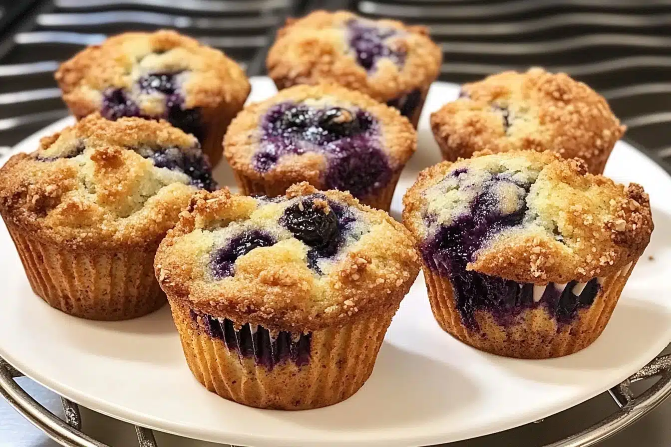 Freshly baked to die for blueberry muffins on a cooling rack.