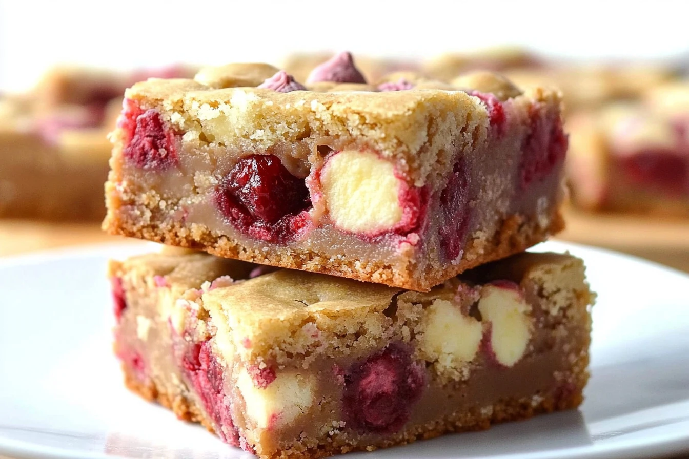 Delicious white chocolate and raspberry blondies on a white plate