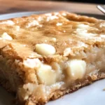 Delicious white chocolate blondies on a rustic wooden table