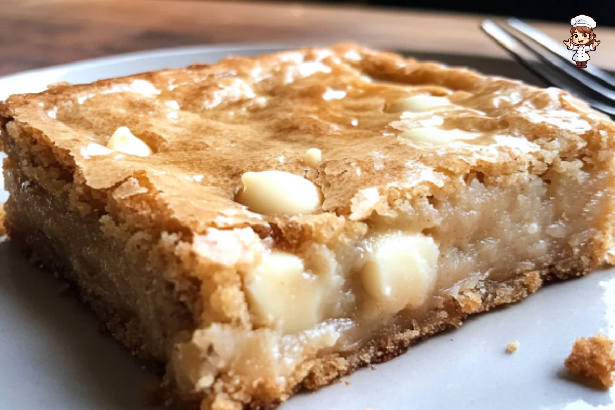 Delicious white chocolate blondies on a rustic wooden table