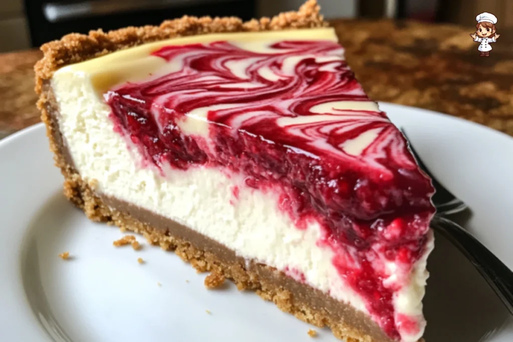Slice of white chocolate raspberry cheesecake with fresh raspberries on top