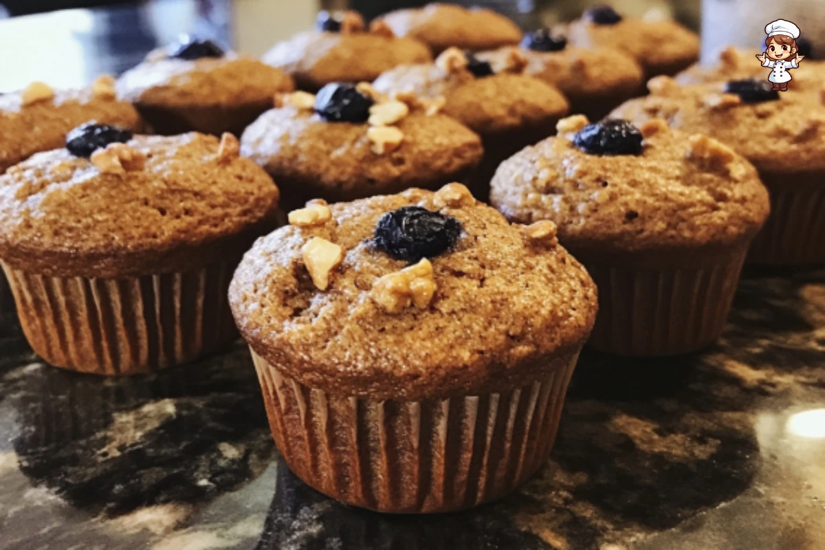 Baked whole wheat muffins on a wooden table with a cozy background