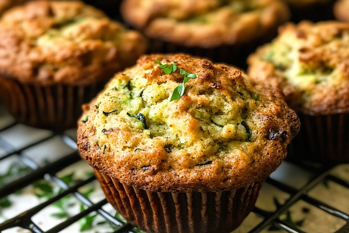 Freshly baked zucchini bread muffins cooling on a wire rack