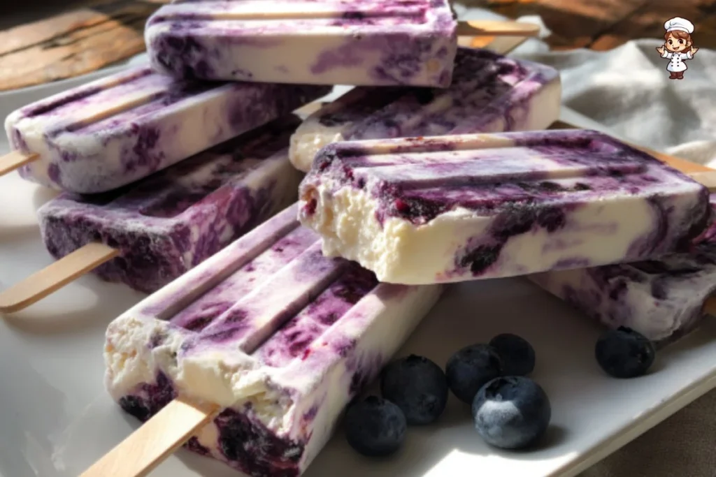 3 ingredient blueberry yogurt swirl popsicles ready to serve