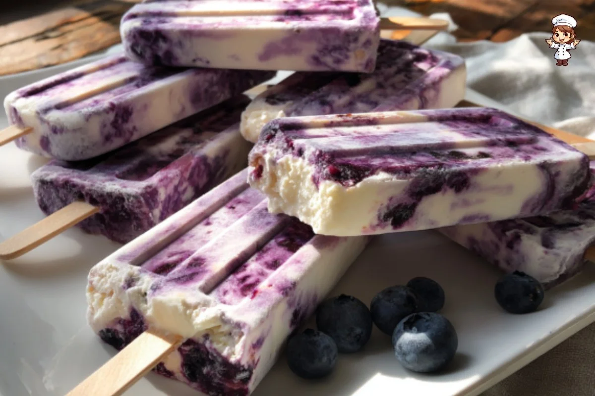 3 ingredient blueberry yogurt swirl popsicles ready to serve