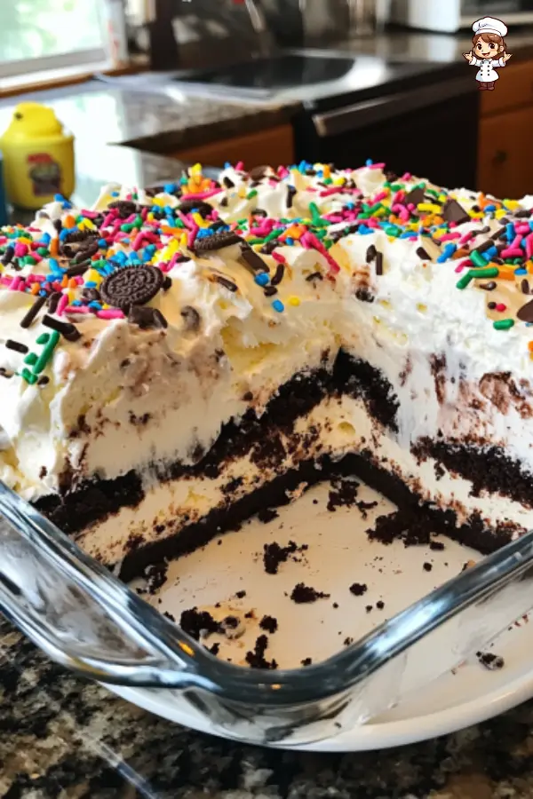 Easy 5 Layer Ice Cream Cake – Chocolate, Fudge & Whipped Cream Dessert
