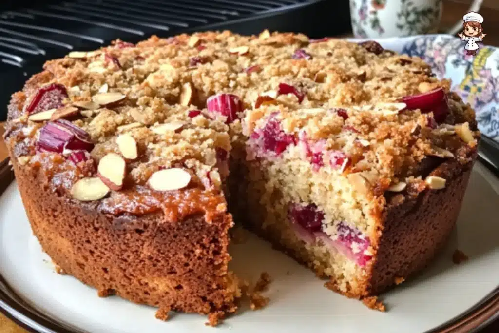 Delicious almond rhubarb coffee cake served on a plate with fresh rhubarb