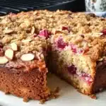 Delicious almond rhubarb coffee cake served on a plate with fresh rhubarb