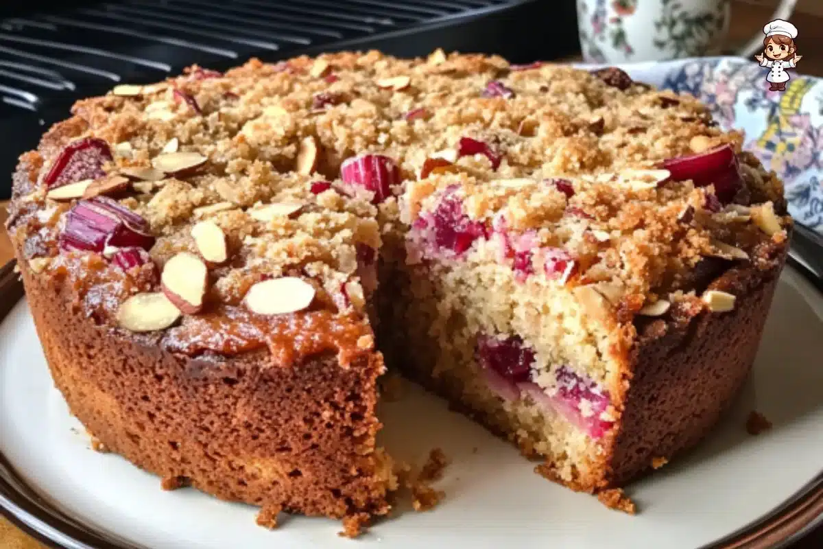 Delicious almond rhubarb coffee cake served on a plate with fresh rhubarb