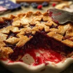 Delicious American Flag Pie decorated with berries and star shaped fruits.