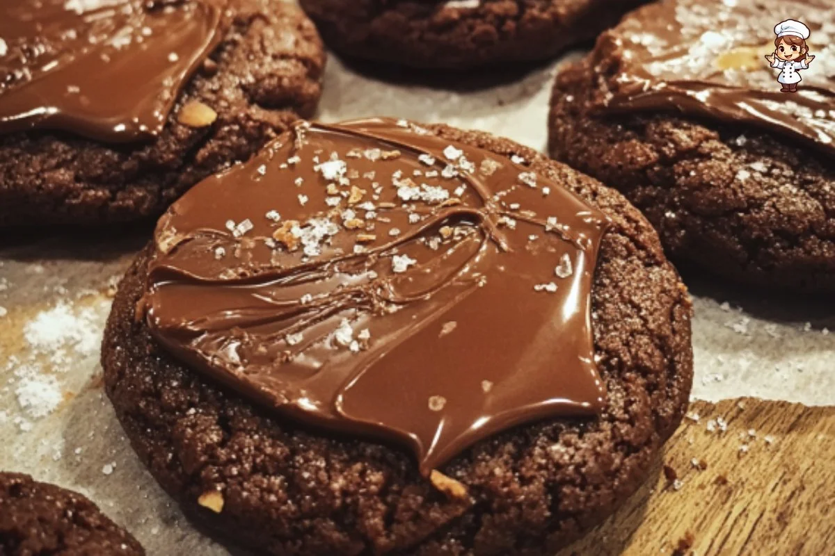 Andes mint chocolate cookies with mint leaves and chocolate pieces