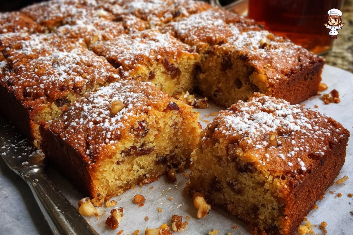 Delicious Armenian Date and Walnut Sheet Cake served on a wooden table