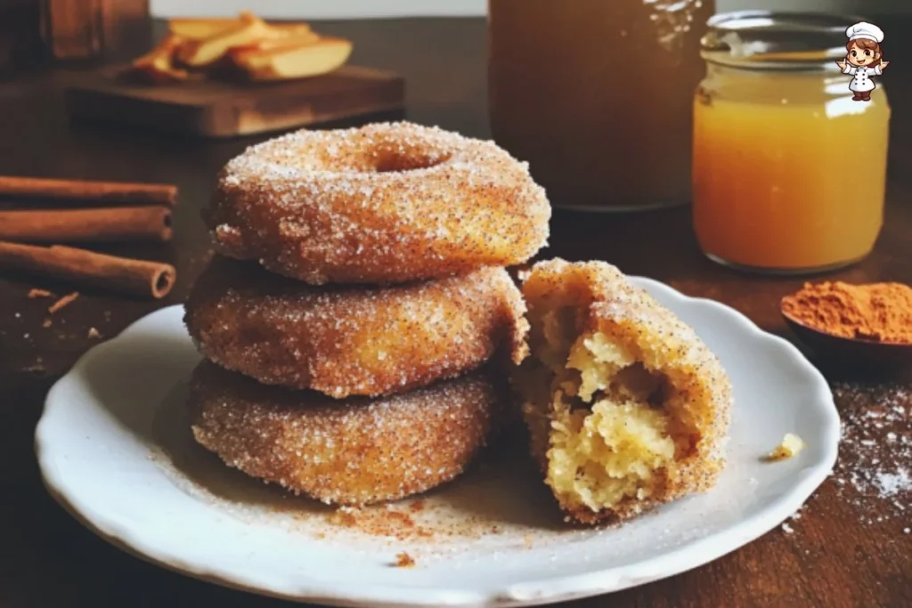 Baked apple cider donuts sprinkled with cinnamon sugar on a rustic wooden table.