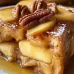 Delicious baked apple cider French toast topped with fresh apples and syrup
