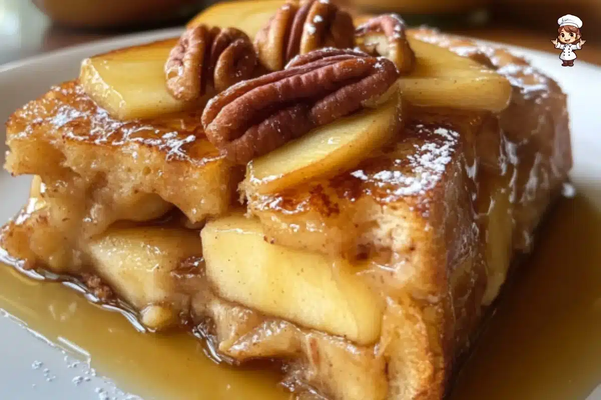 Delicious baked apple cider French toast topped with fresh apples and syrup