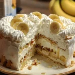 A delicious slice of Banana Pudding Cake topped with whipped cream and banana slices.