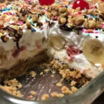 Delicious Banana Split Lasagna dessert with layers of banana, cream, and chocolate