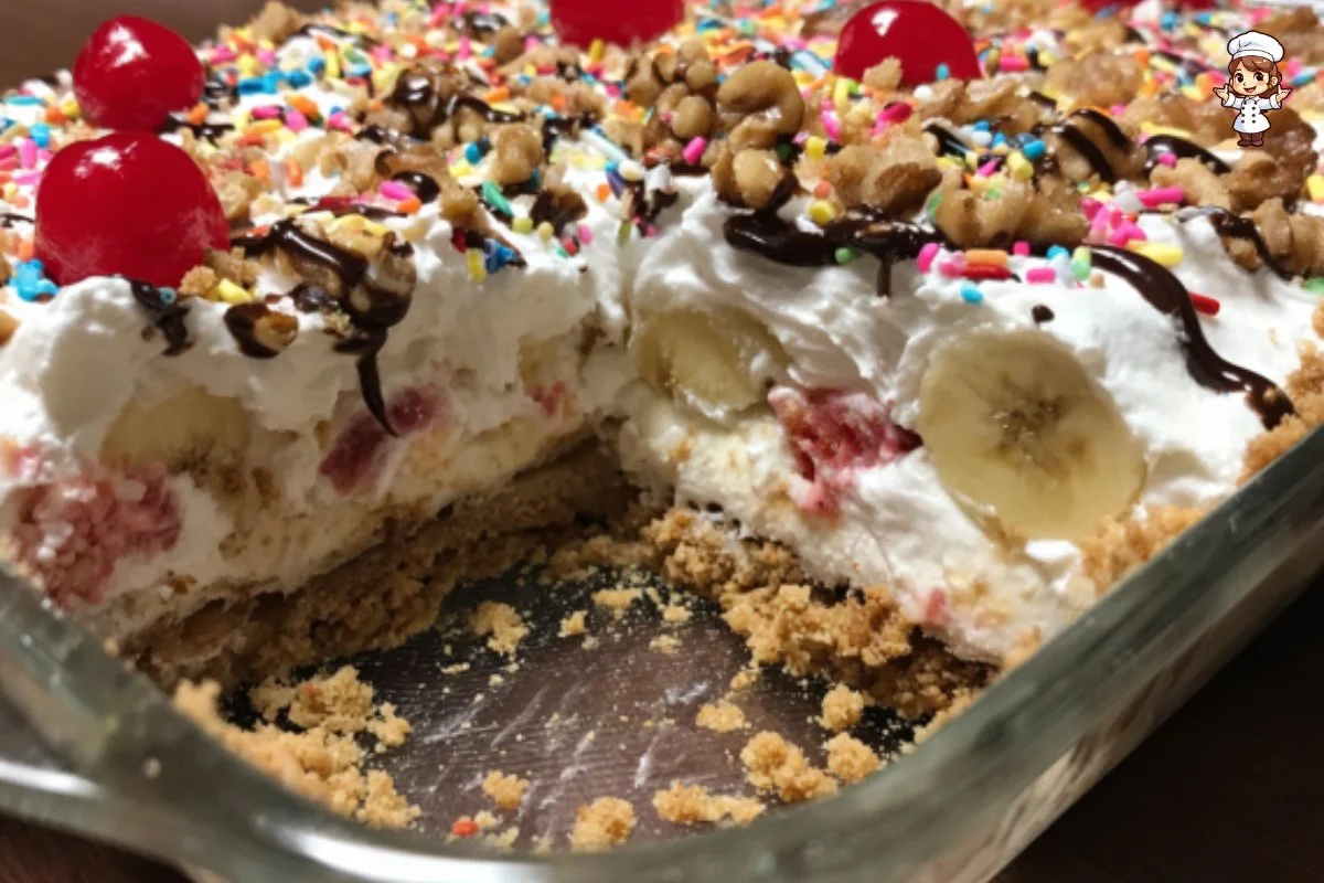Delicious Banana Split Lasagna dessert with layers of banana, cream, and chocolate