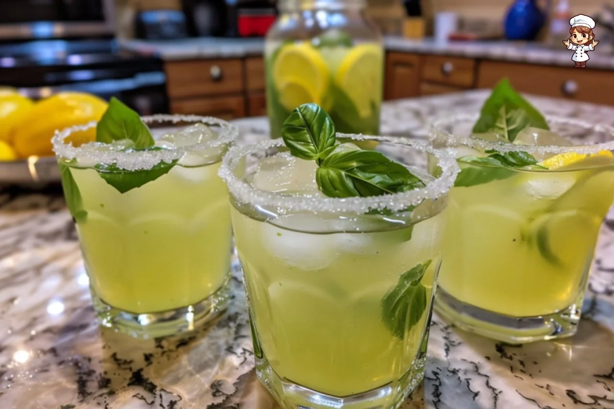 Basil Vodka Lemonade cocktail garnished with fresh basil and lemon slices