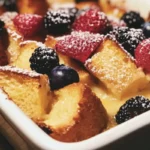 Delicious Berries & Cream French Toast Casserole topped with fresh berries.