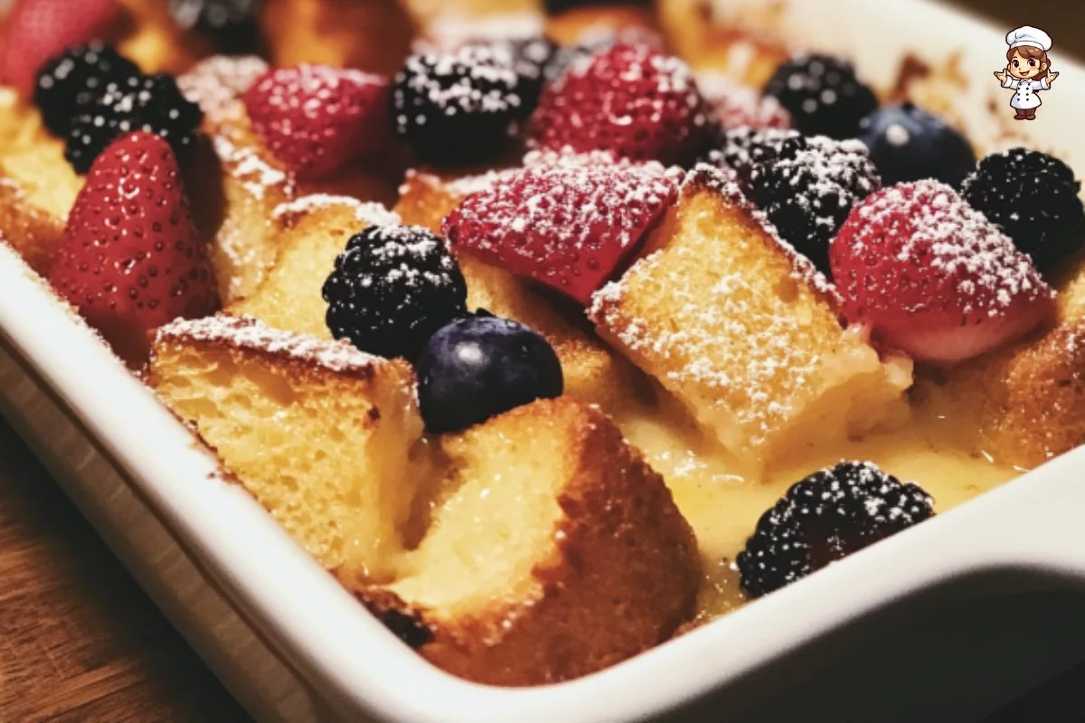 Delicious Berries & Cream French Toast Casserole topped with fresh berries.