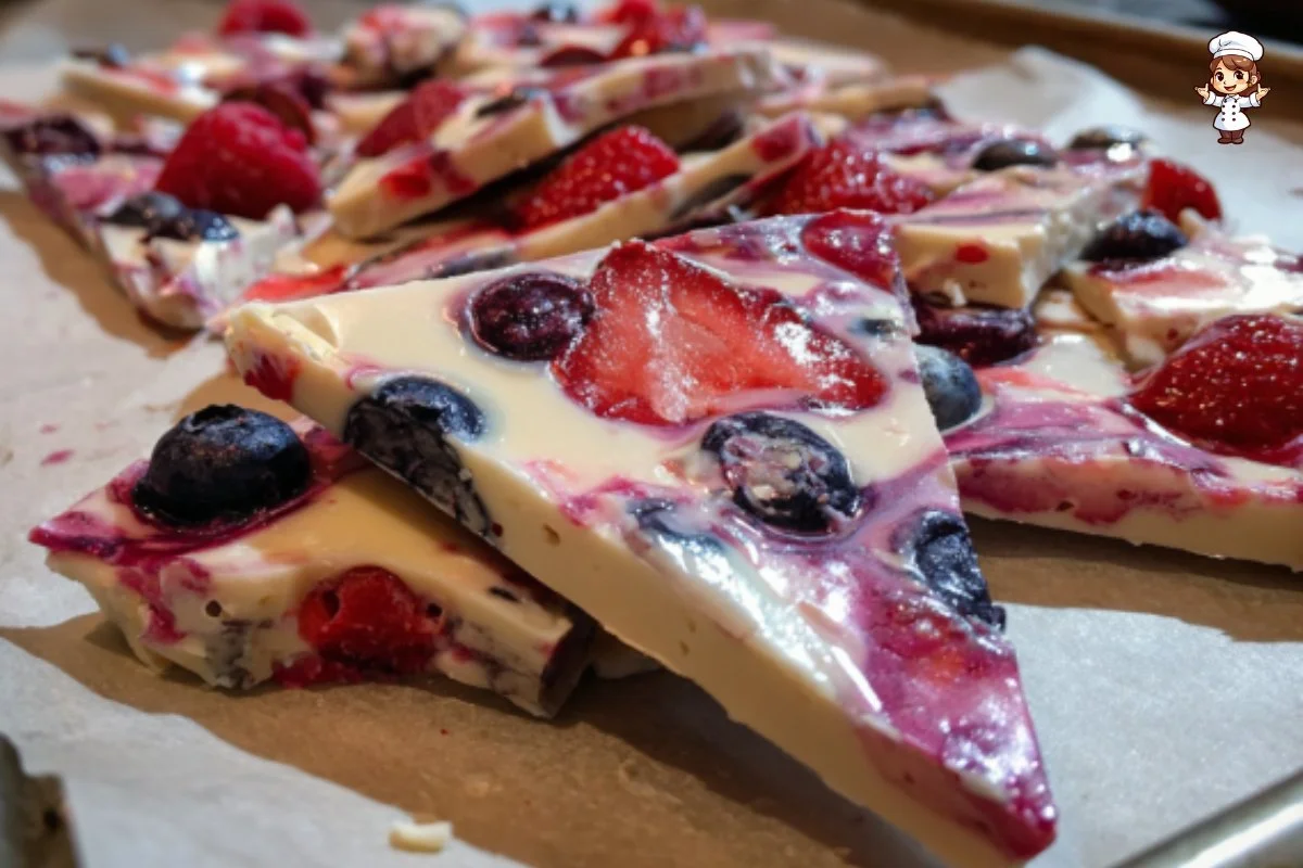 Homemade berry yogurt bark topped with fresh berries and yogurt
