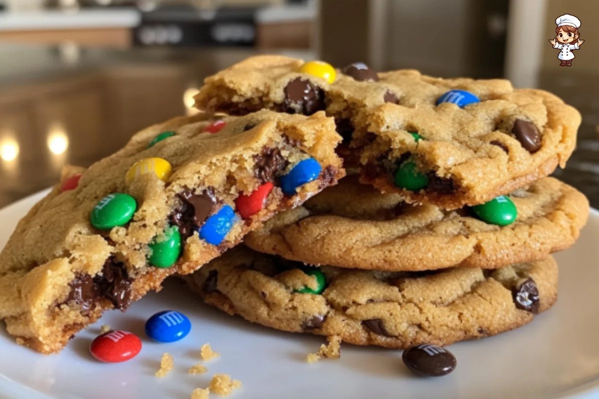 Big Giant Monster Cookies filled with chocolate chips, oats, and colorful candies.