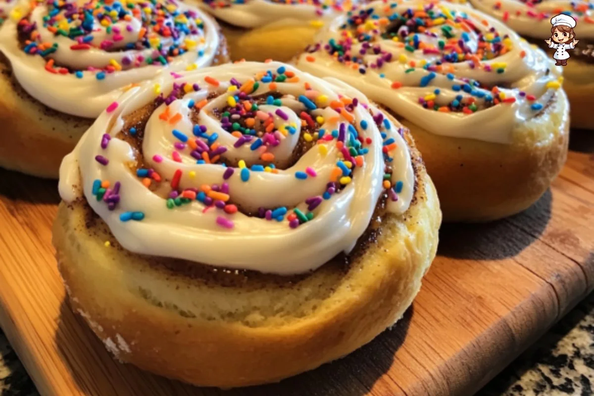 Birthday cake cinnamon rolls topped with colorful sprinkles and icing