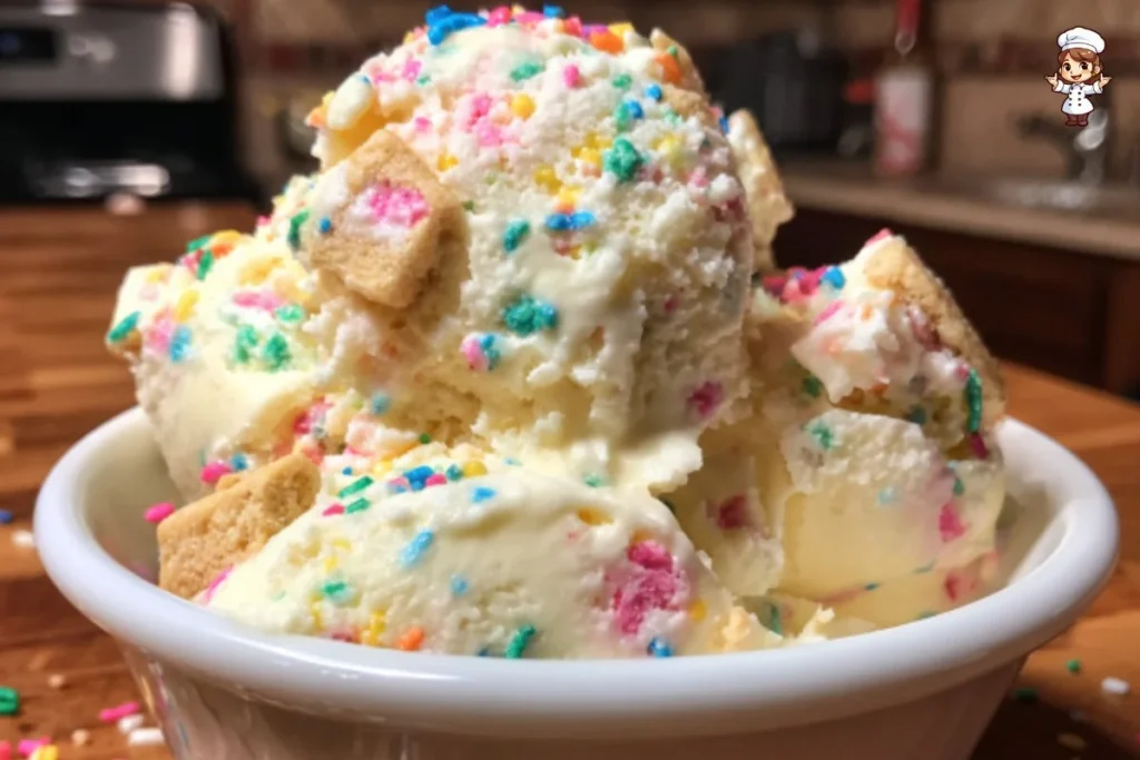 Delicious birthday cake ice cream topped with sprinkles