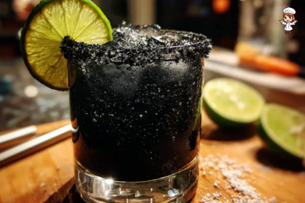 A refreshing Black Margarita garnished with lime and served in a salt-rimmed glass.