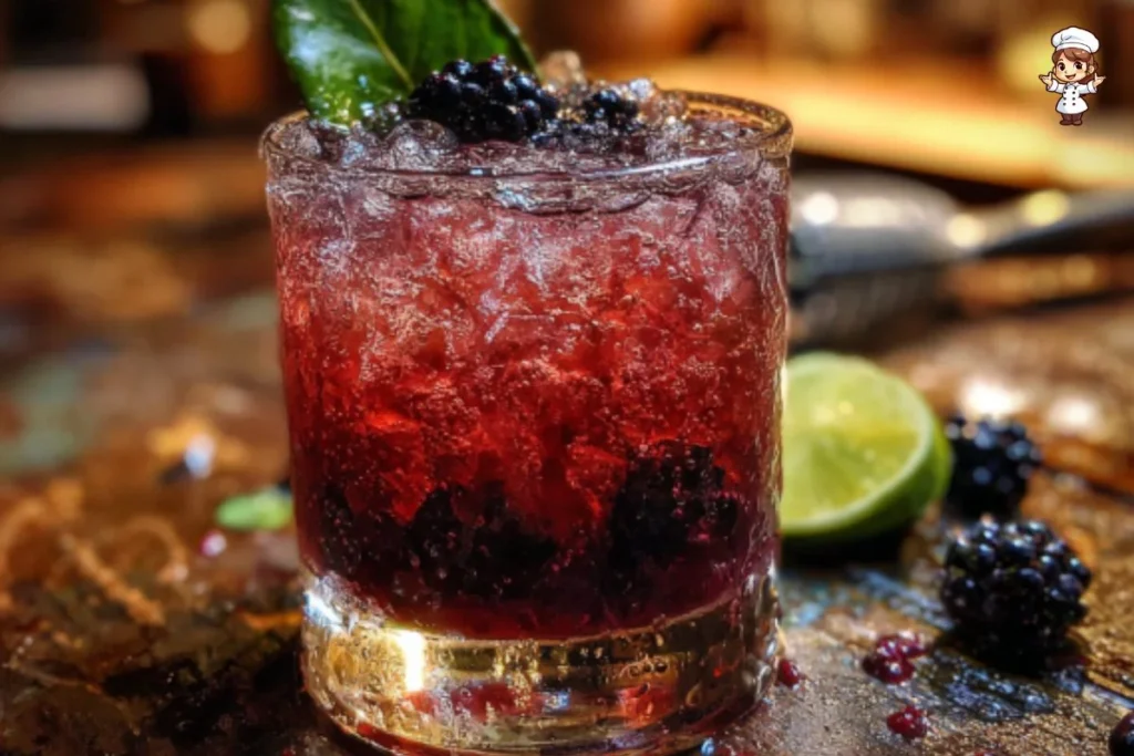 Black Widow cocktail served in a glass with garnishes