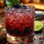Black Widow cocktail served in a glass with garnishes