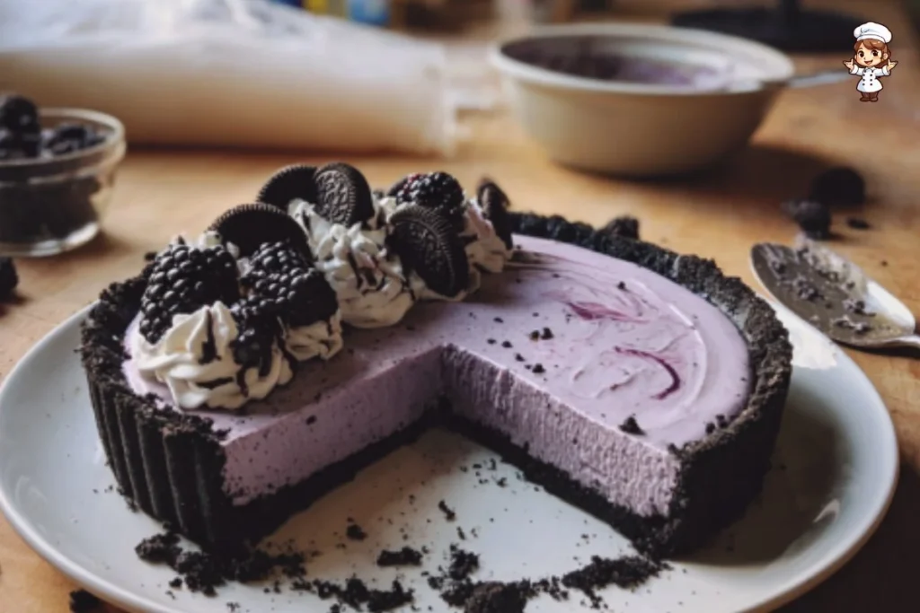 Delicious Blackberry Cheesecake Tart with a crispy Oreo crust on a white plate