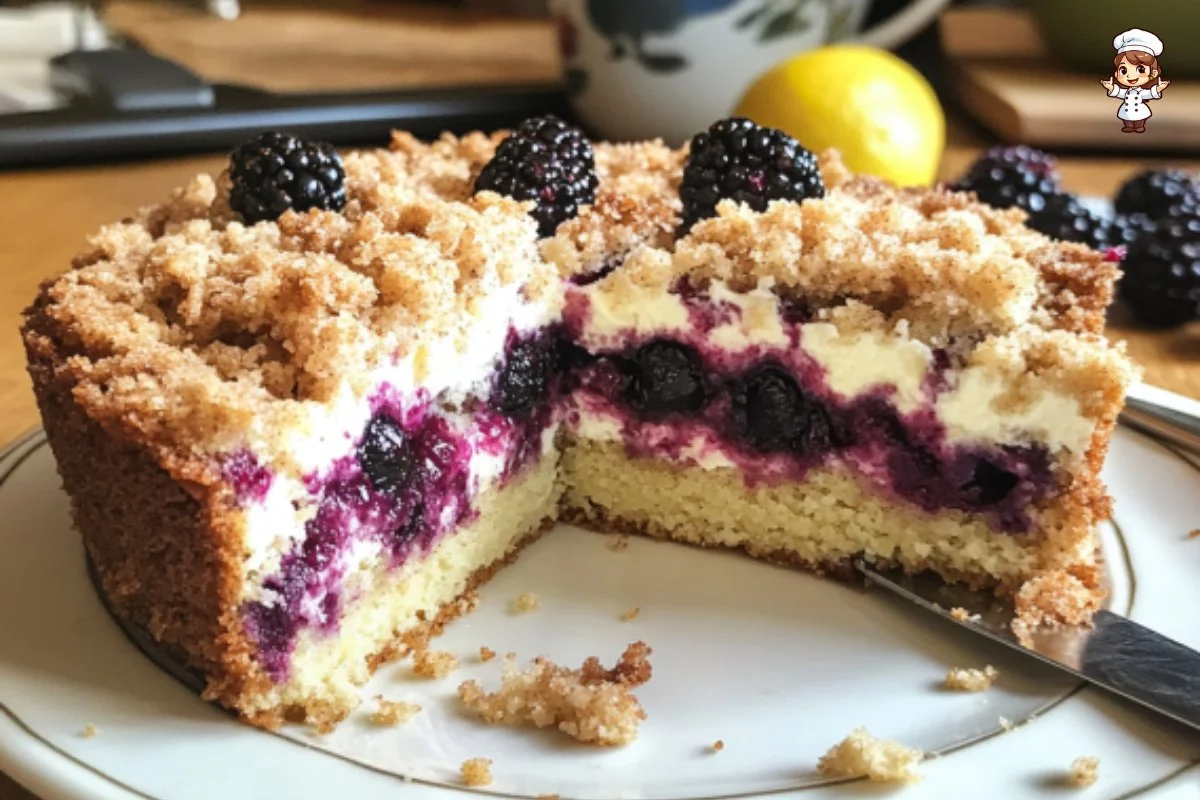 Slice of blackberry cream cheese crumb cake with a crumbly topping and fresh blackberries
