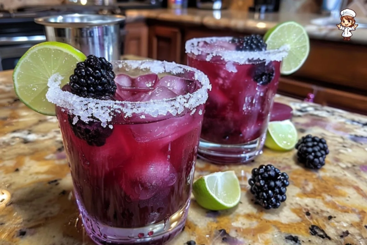 A delicious Blackberry Margarita garnished with fresh blackberries and lime.