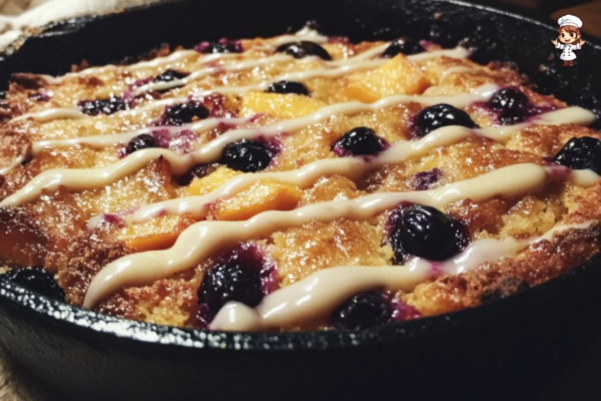 Blackberry Peach Skillet Cornmeal Cake served in a skillet