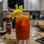 A classic Bloody Mary cocktail garnished with celery and olives.