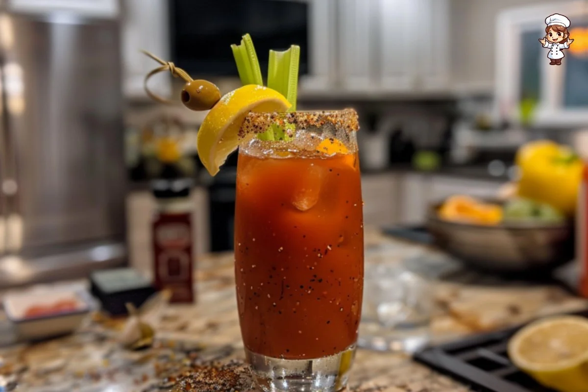 A classic Bloody Mary cocktail garnished with celery and olives.