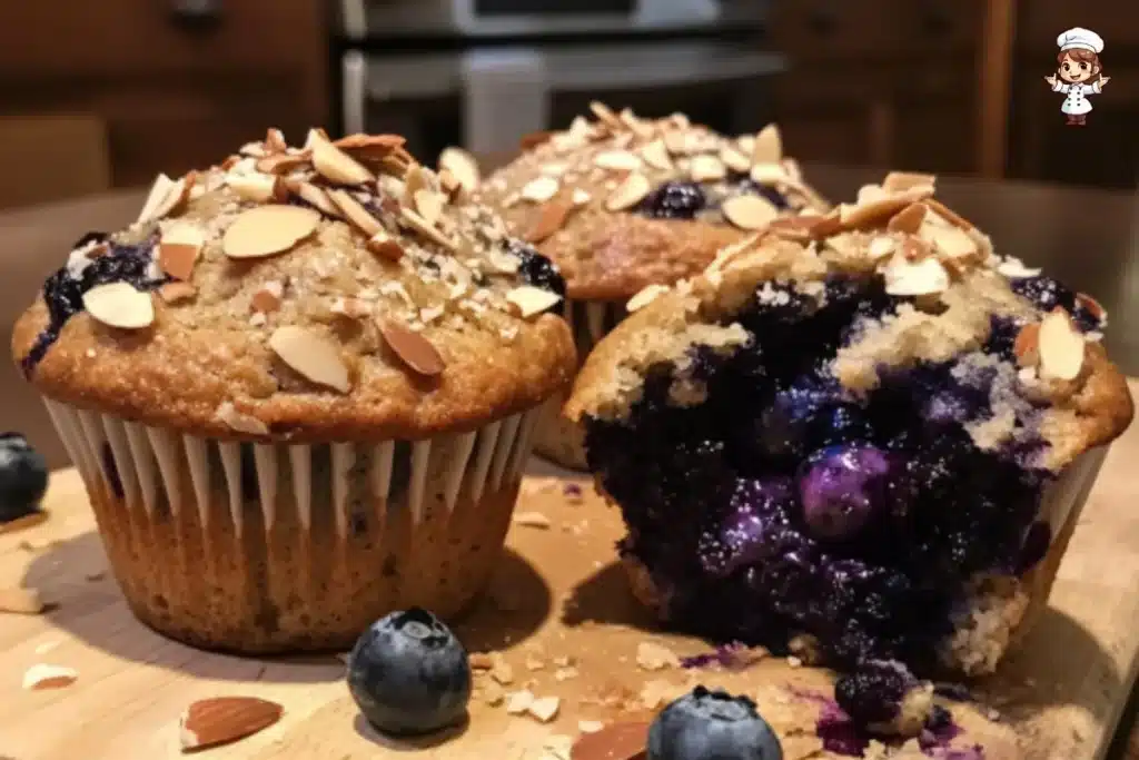 Blueberry Almond Muffins freshly baked and arranged on a plate