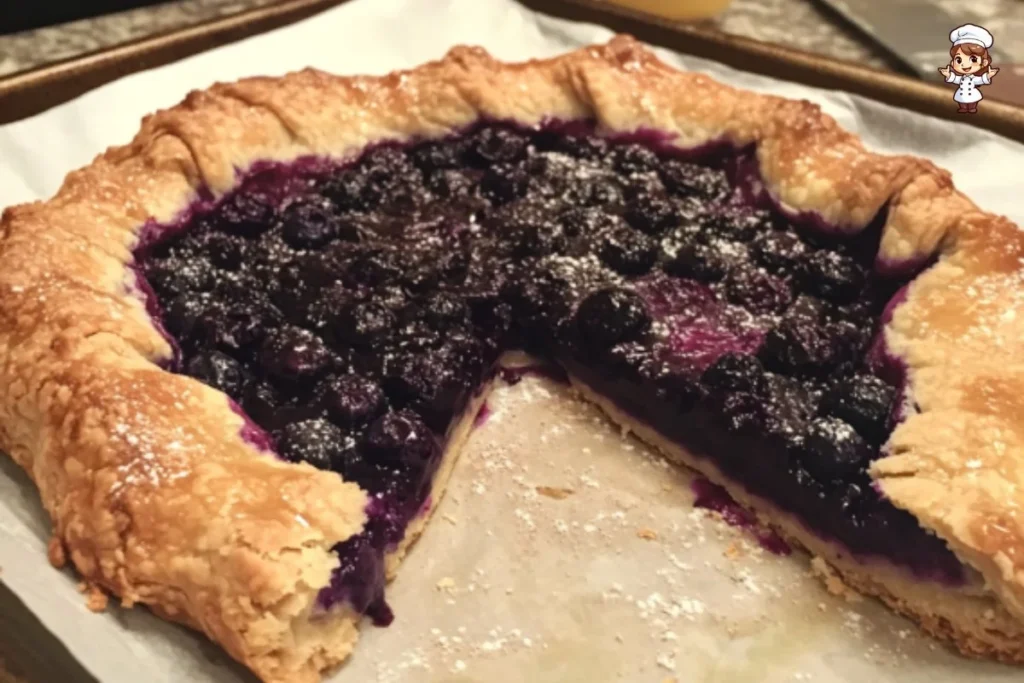 Homemade blueberry galette on a rustic wooden table