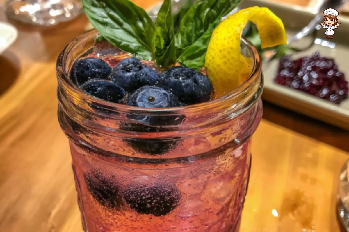 A refreshing Blueberry Gin Fizz cocktail garnished with blueberries and mint.