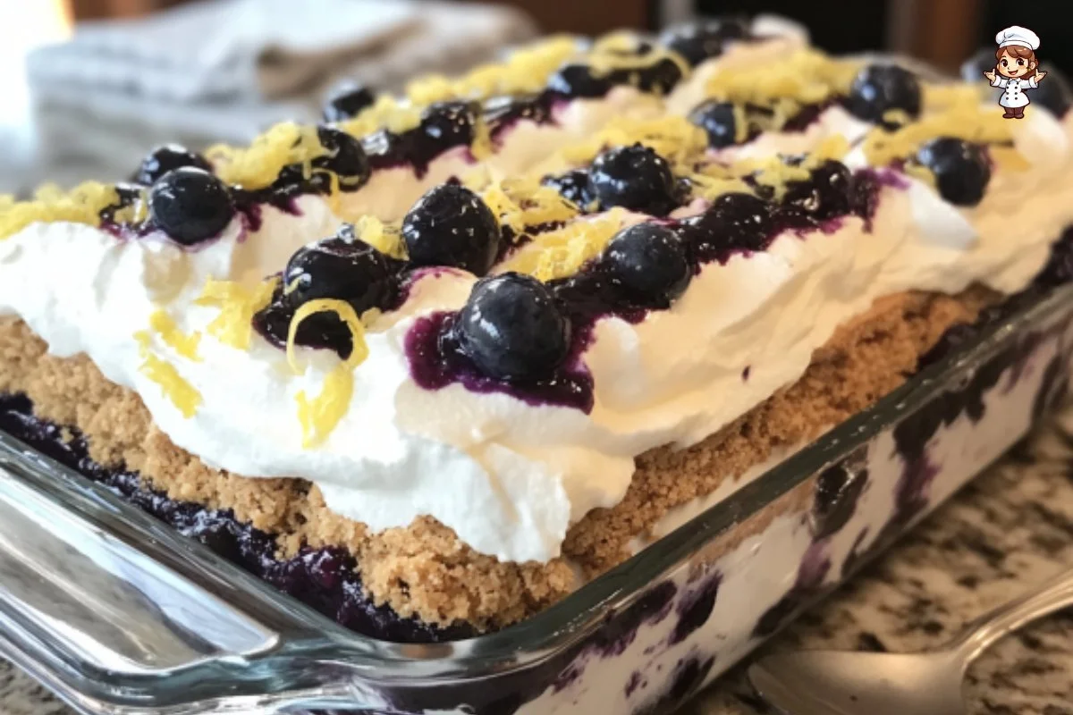Blueberry lemon icebox cake decorated with fresh blueberries and lemon slices
