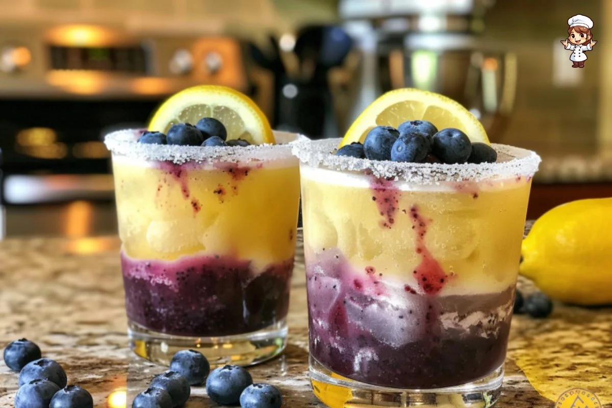 Chilled Blueberry Lemonade Cocktail garnished with fresh blueberries and lemon slices.