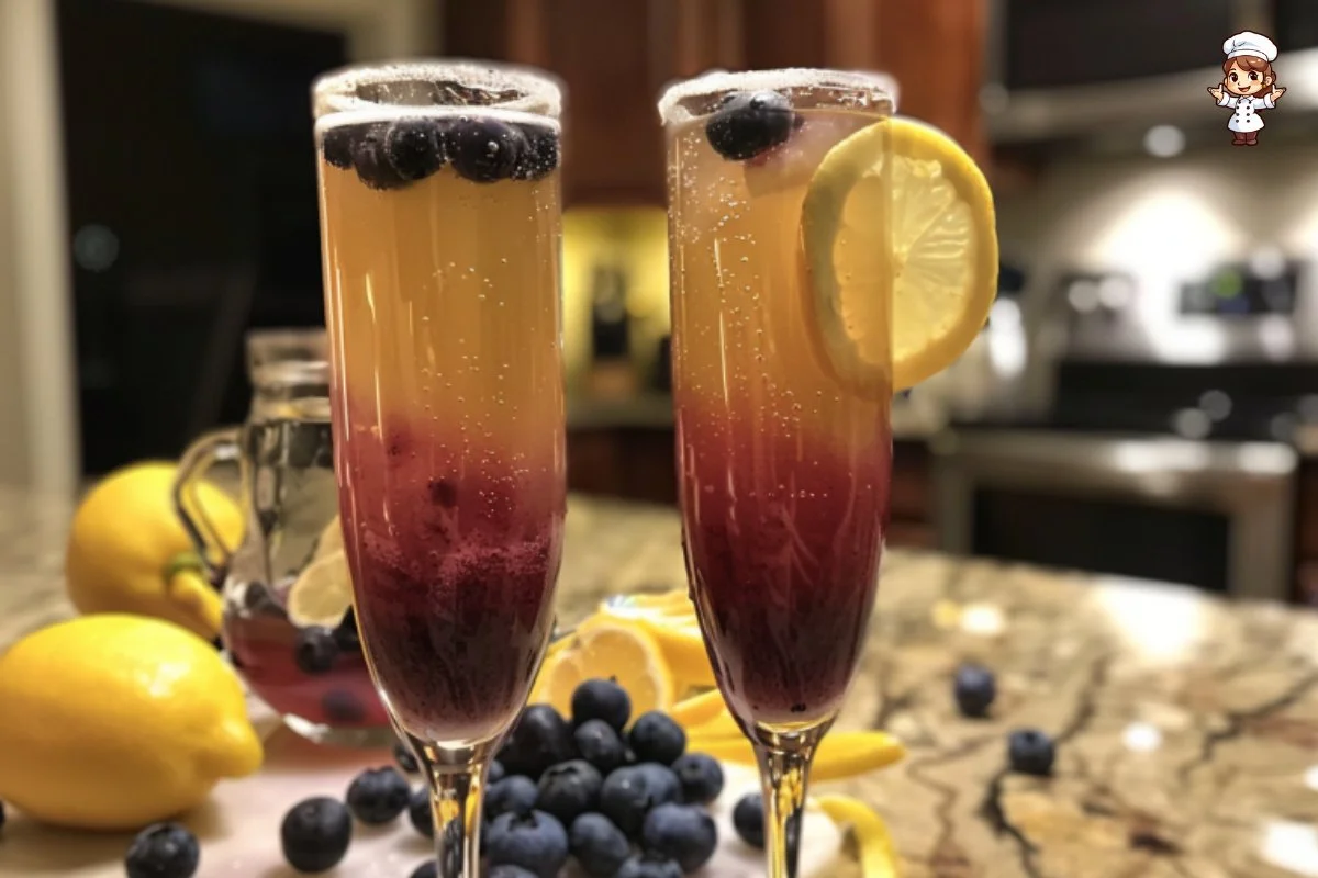 Glass of blueberry lemosas with fresh blueberries garnishing the drink