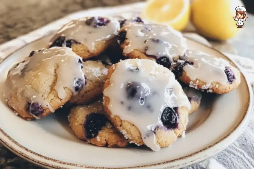 Freshly baked blueberry muffin cookies with blueberries on a wooden table