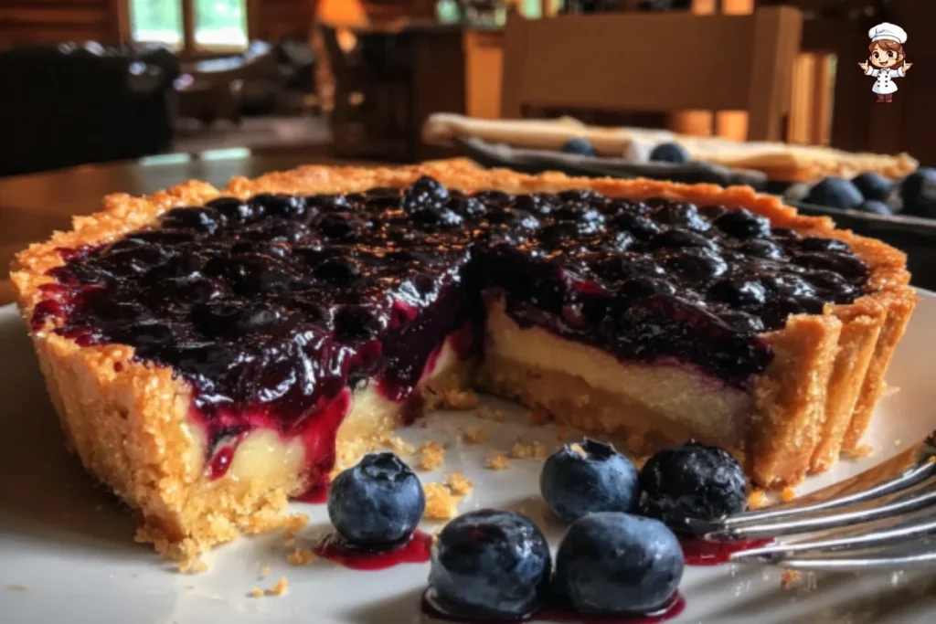 Freshly baked blueberry tart with a golden crust and juicy blueberries